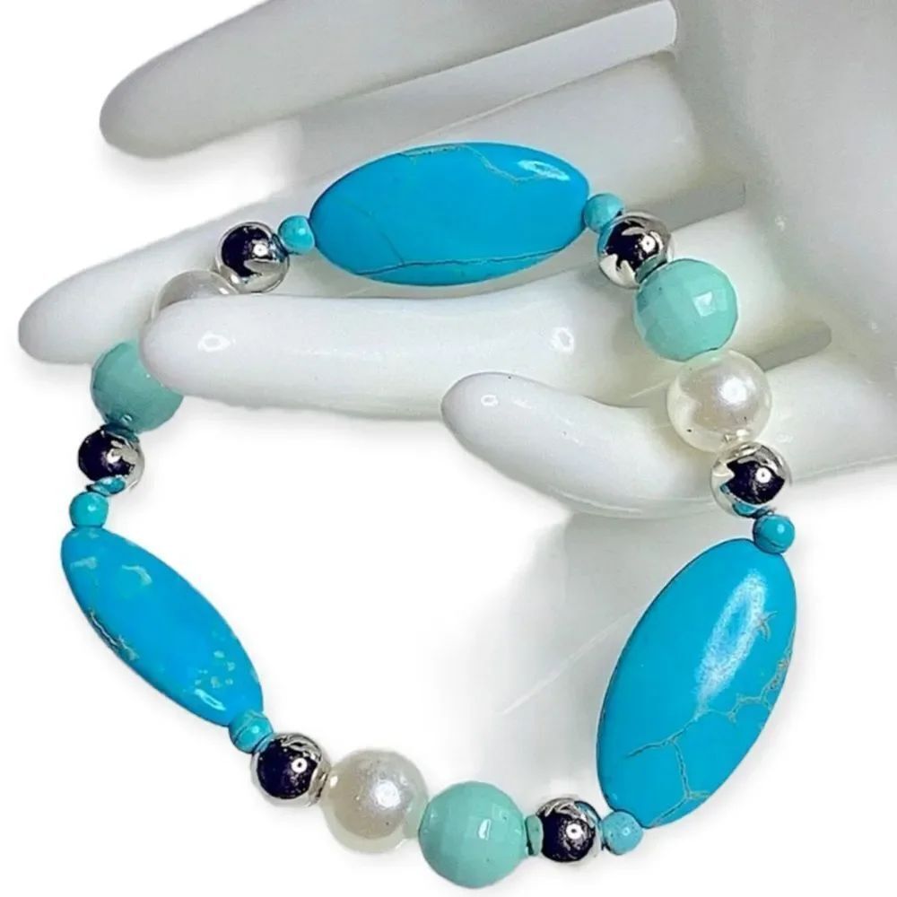Western Turquoise Silver Pearls Beaded Elastic Stackable Bracelet NWT